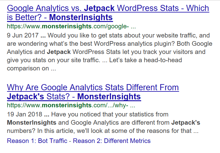 Two posts on google with sitelinks and how they differ