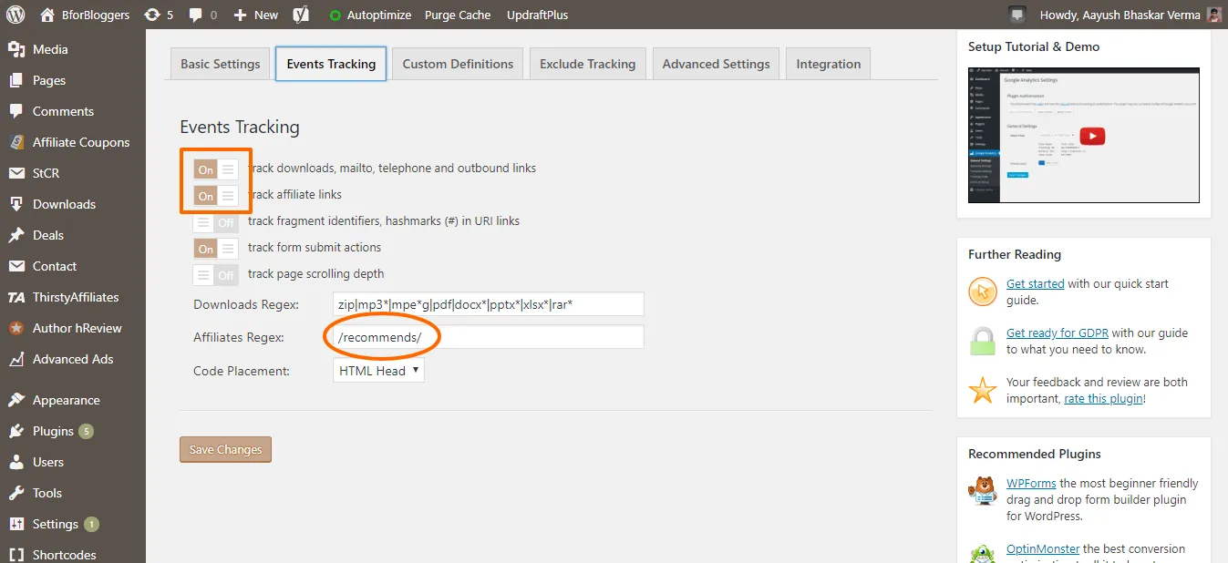 Setup the event (clicks) tracking in GADWP plugin