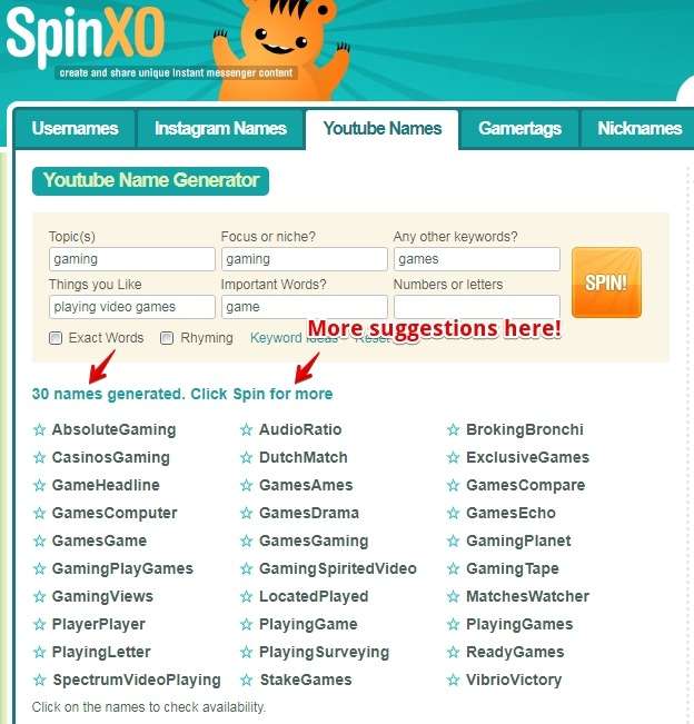 Harika YouTube adları bulmak için SpinXo'yu kullanın